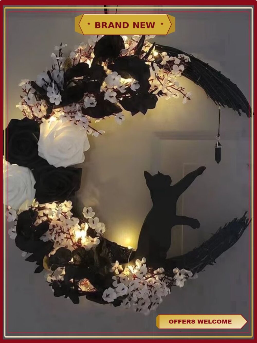Halloween Moon Cat Grapevine Wreath, Front Door Decor for Indoor Outdoor